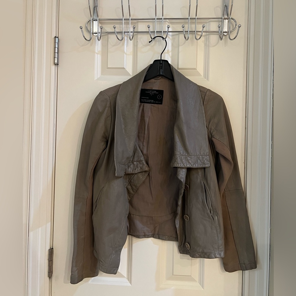 All Saints Taupe Shawl Collar Leather Jacket